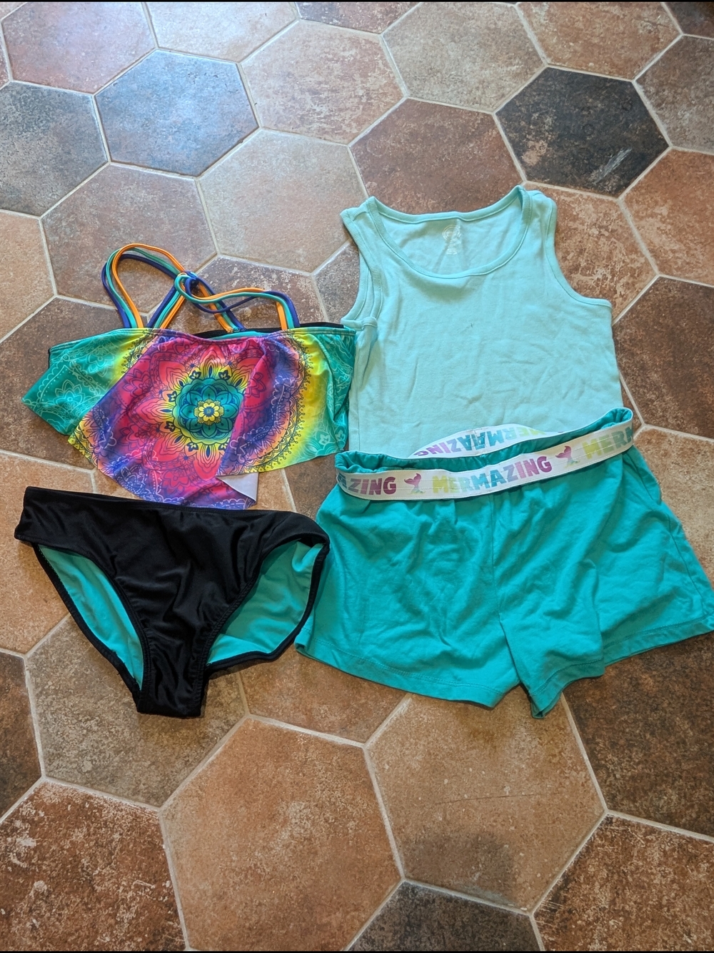 Kids Teal Swim Tankini Set with Rainbow Top